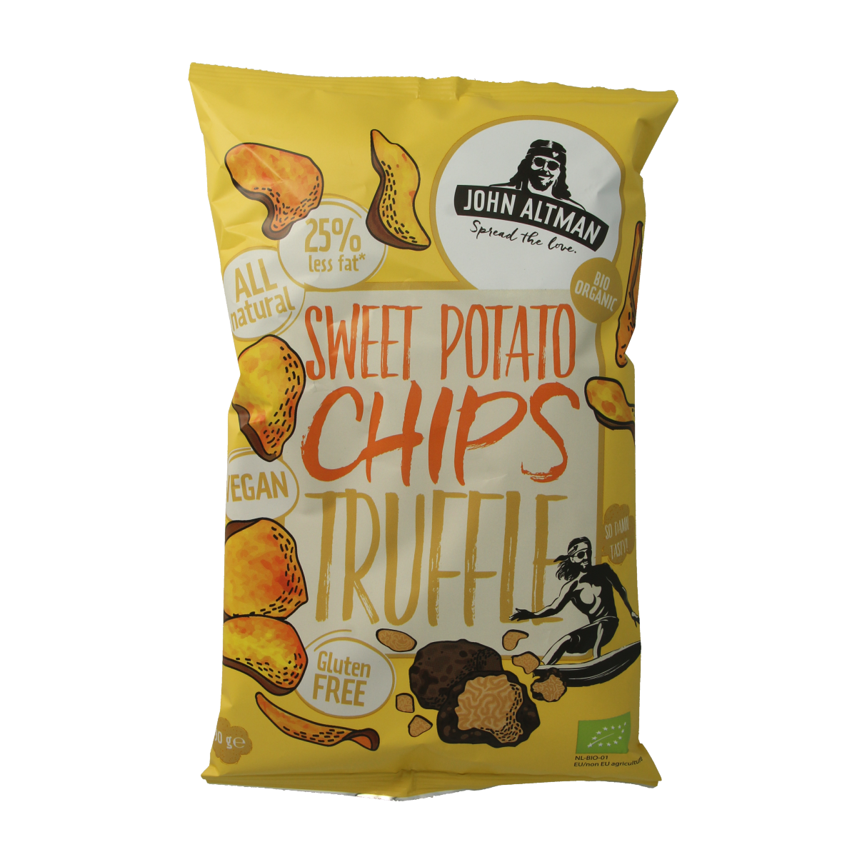 John Altman organic sweet potato chips with truffle flavor in a 90g bag, showcasing crispy chips with truffle seasoning.