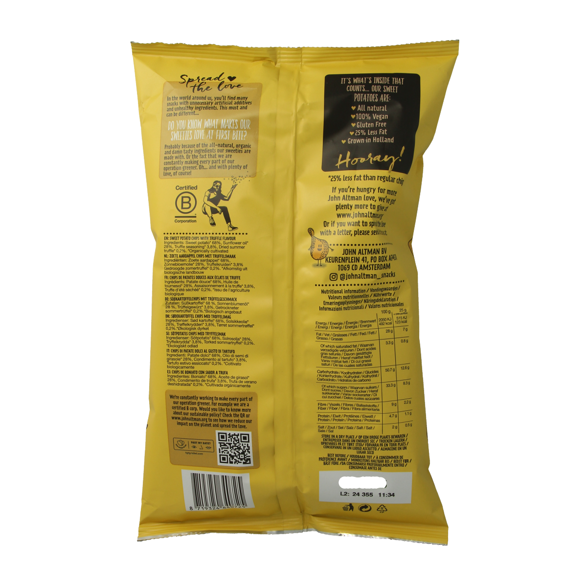 John Altman organic sweet potato chips with truffle flavor, 90g, in a clear view of the crispy chips