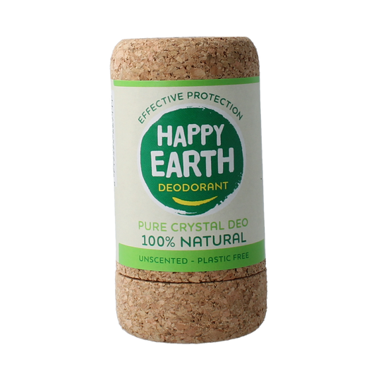 Happy Earth Pure crystal deodorant stick, unscented, 90g, natural mineral deodorant for odor protection and freshness.