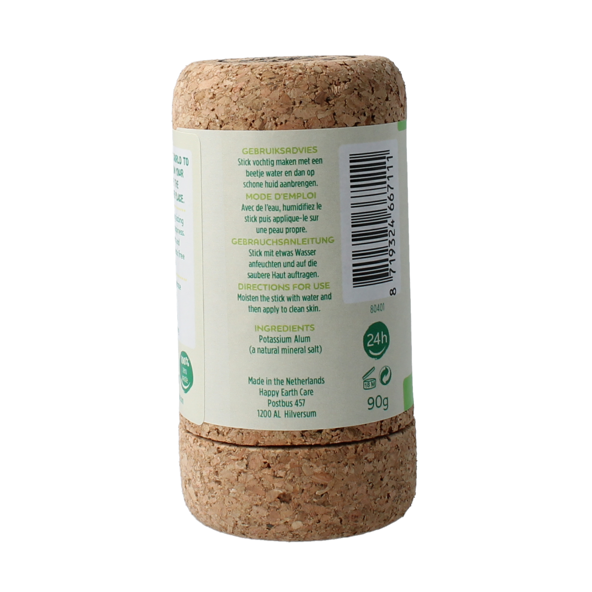 Happy Earth Pure crystal deodorant unscented 90g in clear container, showing the natural mineral crystal block.