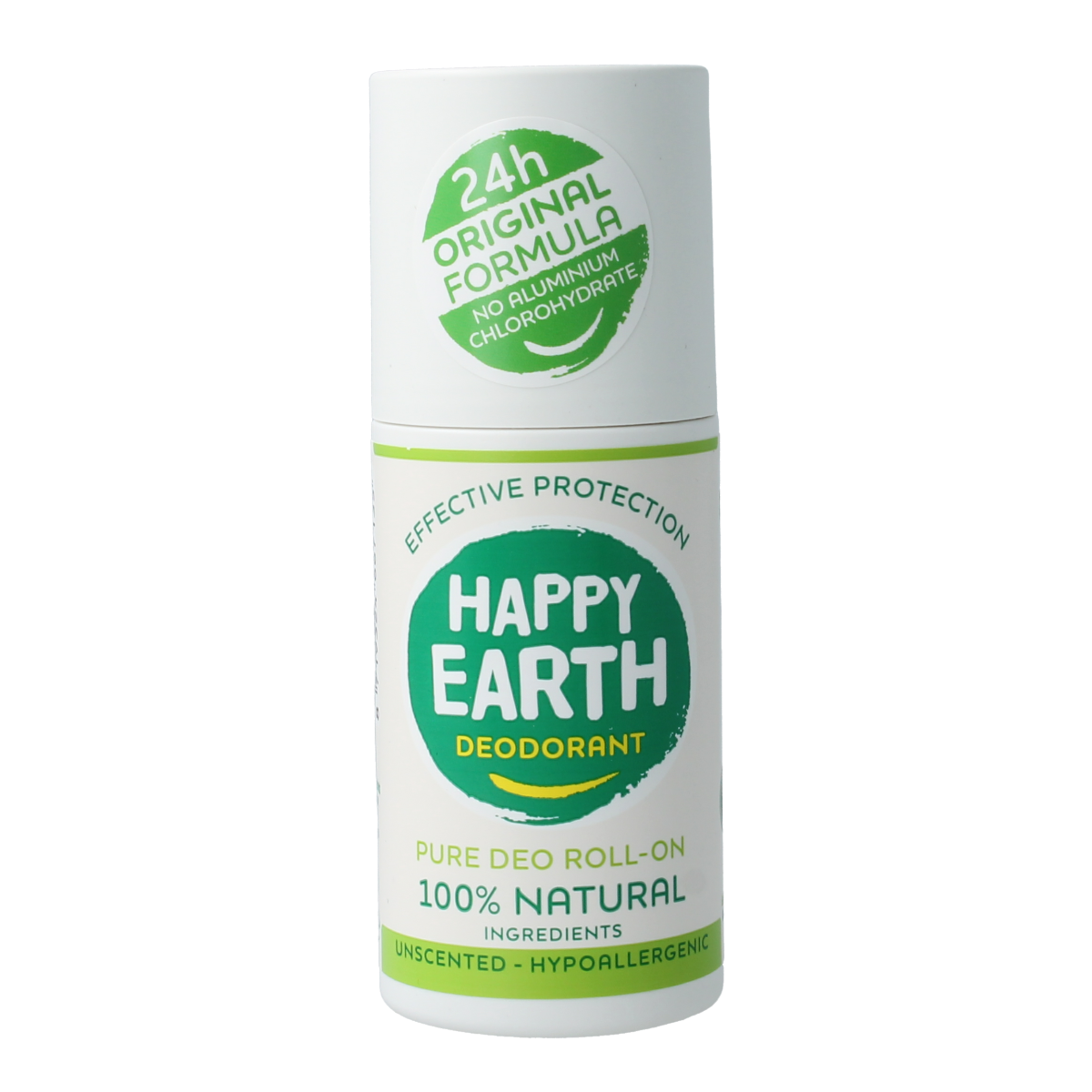 Happy Earth Pure unscented deodorant roll-on in 75ml bottle, natural and hypoallergenic for everyday freshness.