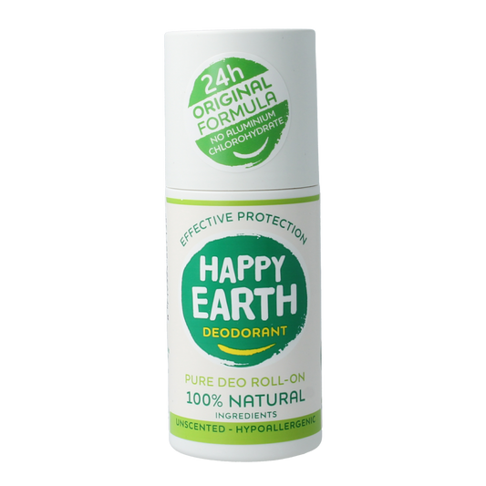 Happy Earth Pure unscented deodorant roll-on in 75ml bottle, natural and hypoallergenic for everyday freshness.