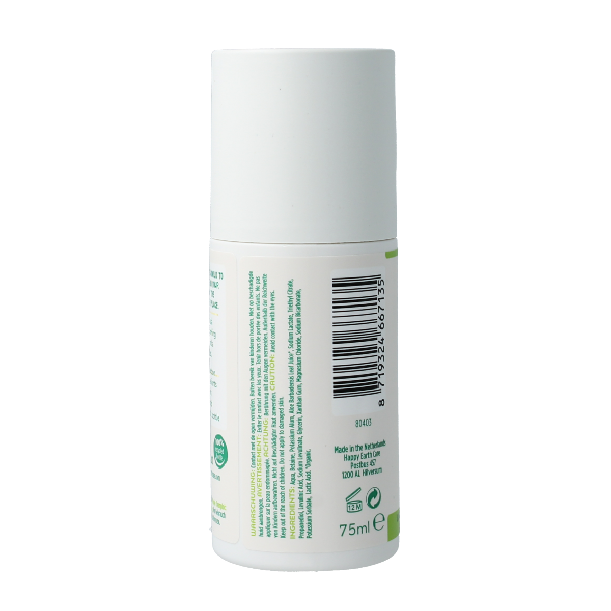 Happy Earth Pure unscented deodorant roll-on in 75ml container, showcasing the sleek, clear bottle with roll-on applicator.