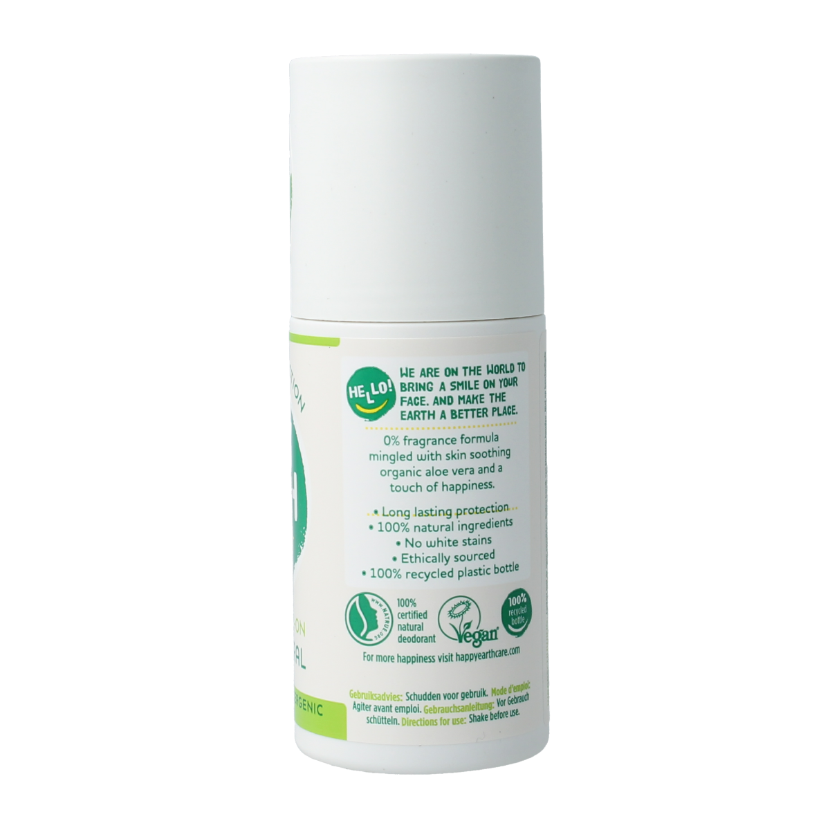 Happy Earth Pure unscented deodorant roll-on in 75ml bottle, natural deodorant for sensitive skin