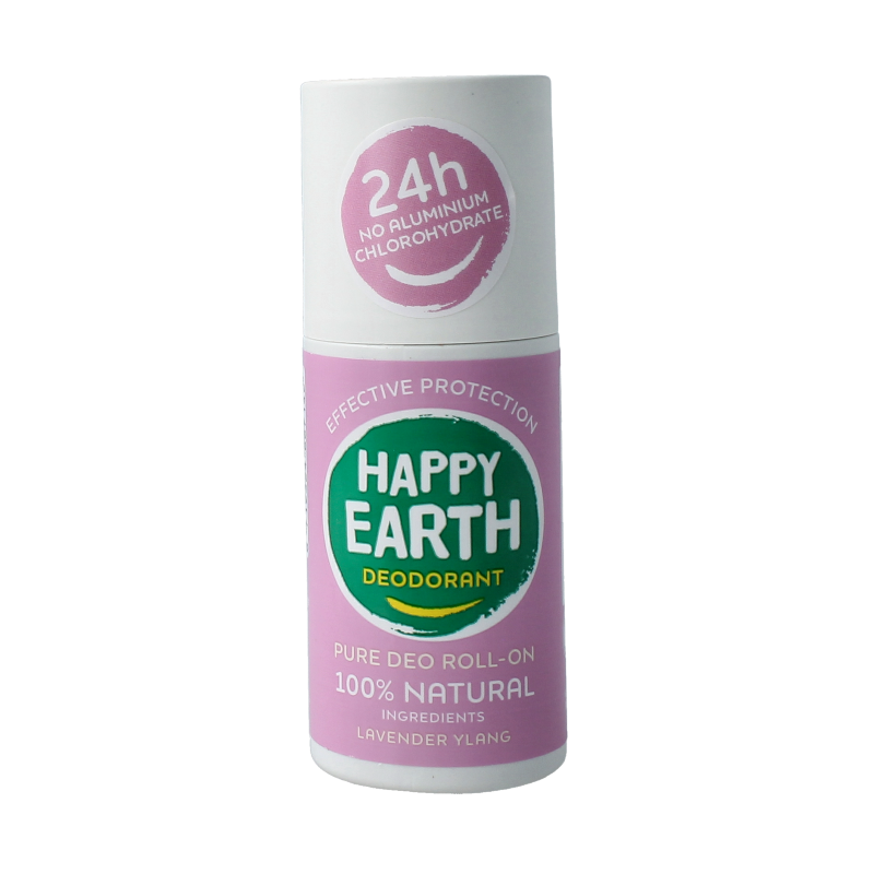Happy Earth Pure lavender ylang deodorant roll-on in 75ml container, natural deodorant with floral scent and smooth application