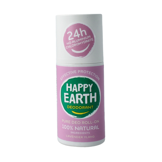 Happy Earth Pure lavender ylang deodorant roll-on in 75ml container, natural deodorant with floral scent and smooth application