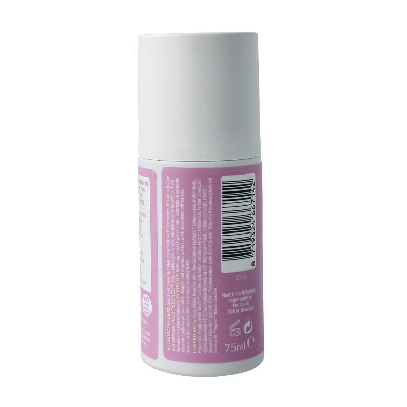 Happy Earth lavender ylang deodorant roll-on in a 75ml bottle, featuring a clear applicator and floral scent packaging.