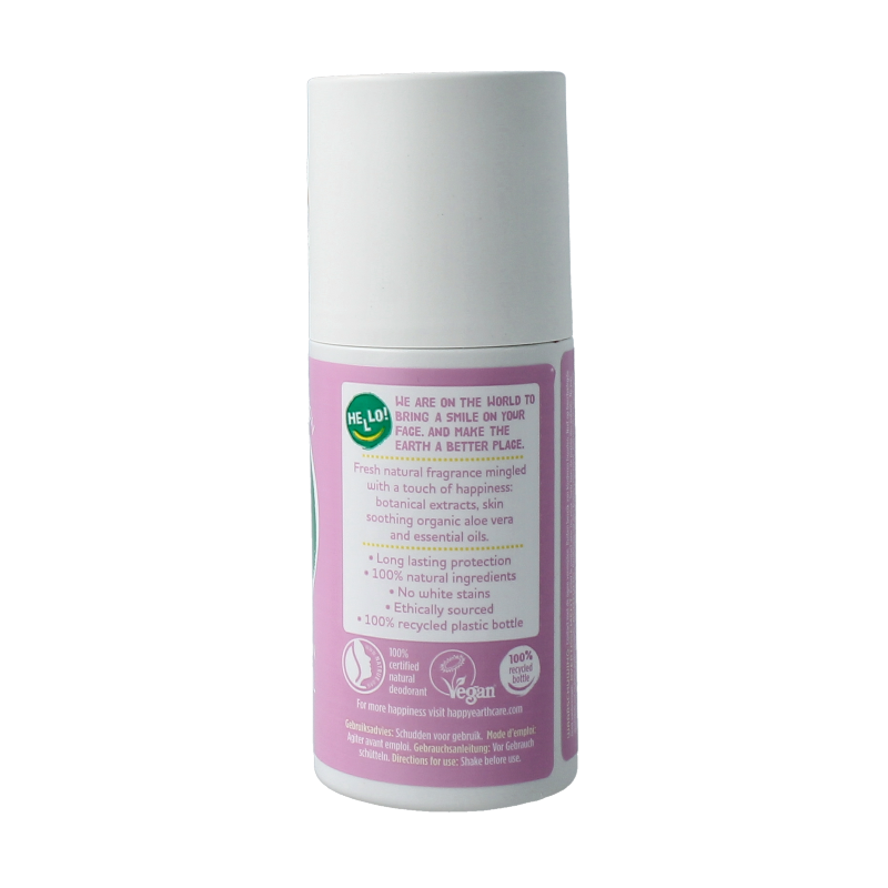 Happy Earth lavender ylang deodorant roll-on, 75ml, with a sleek container and floral design, natural and eco-friendly deodorant.