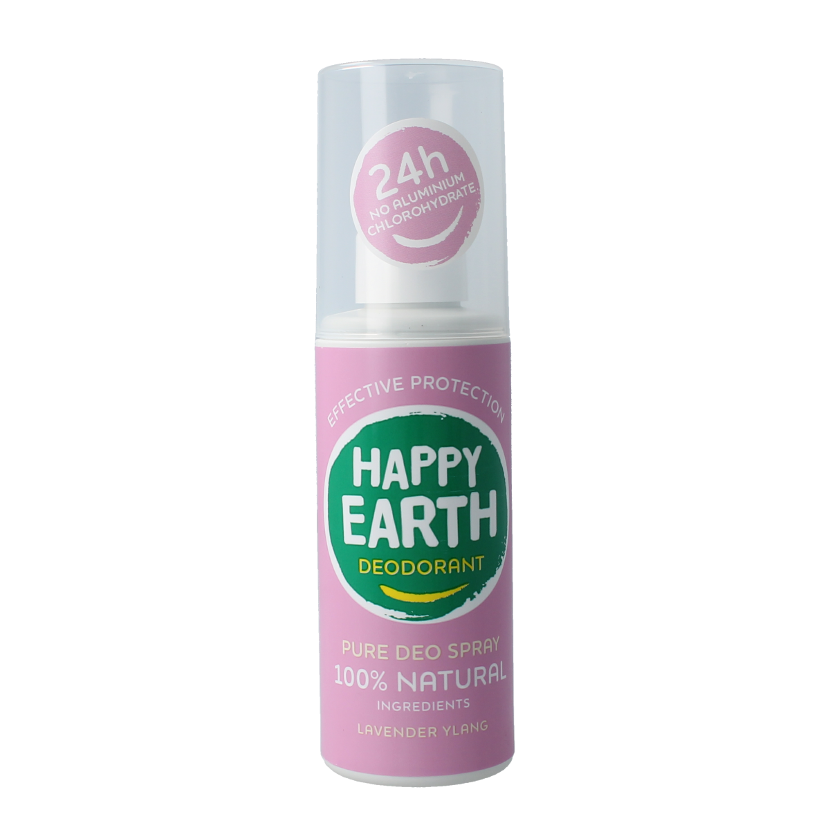Happy Earth lavender ylang deodorant spray in 100ml bottle, natural deodorant with floral scent, shown in the image.