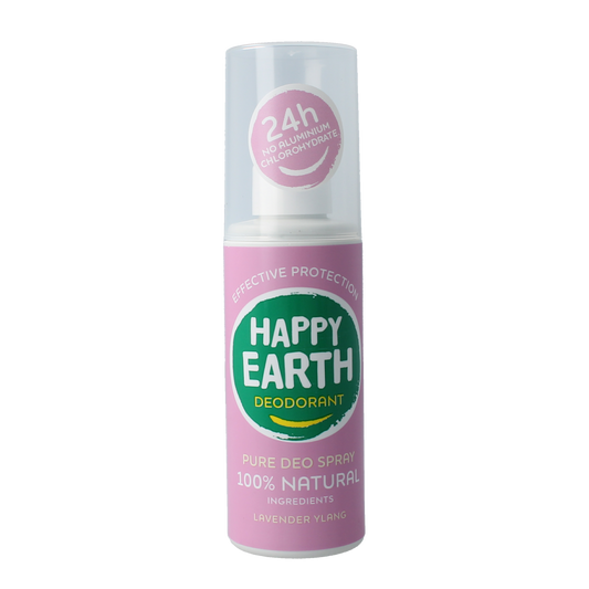 Happy Earth lavender ylang deodorant spray in 100ml bottle, natural deodorant with floral scent, shown in the image.