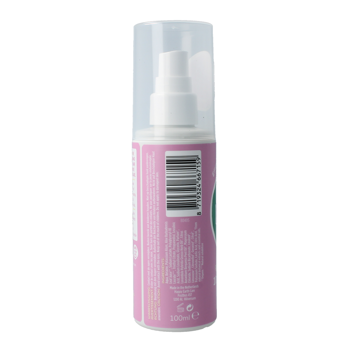 Happy Earth lavender ylang deodorant spray bottle, 100ml, natural deodorant with floral and herbal scent, eco-friendly packaging.