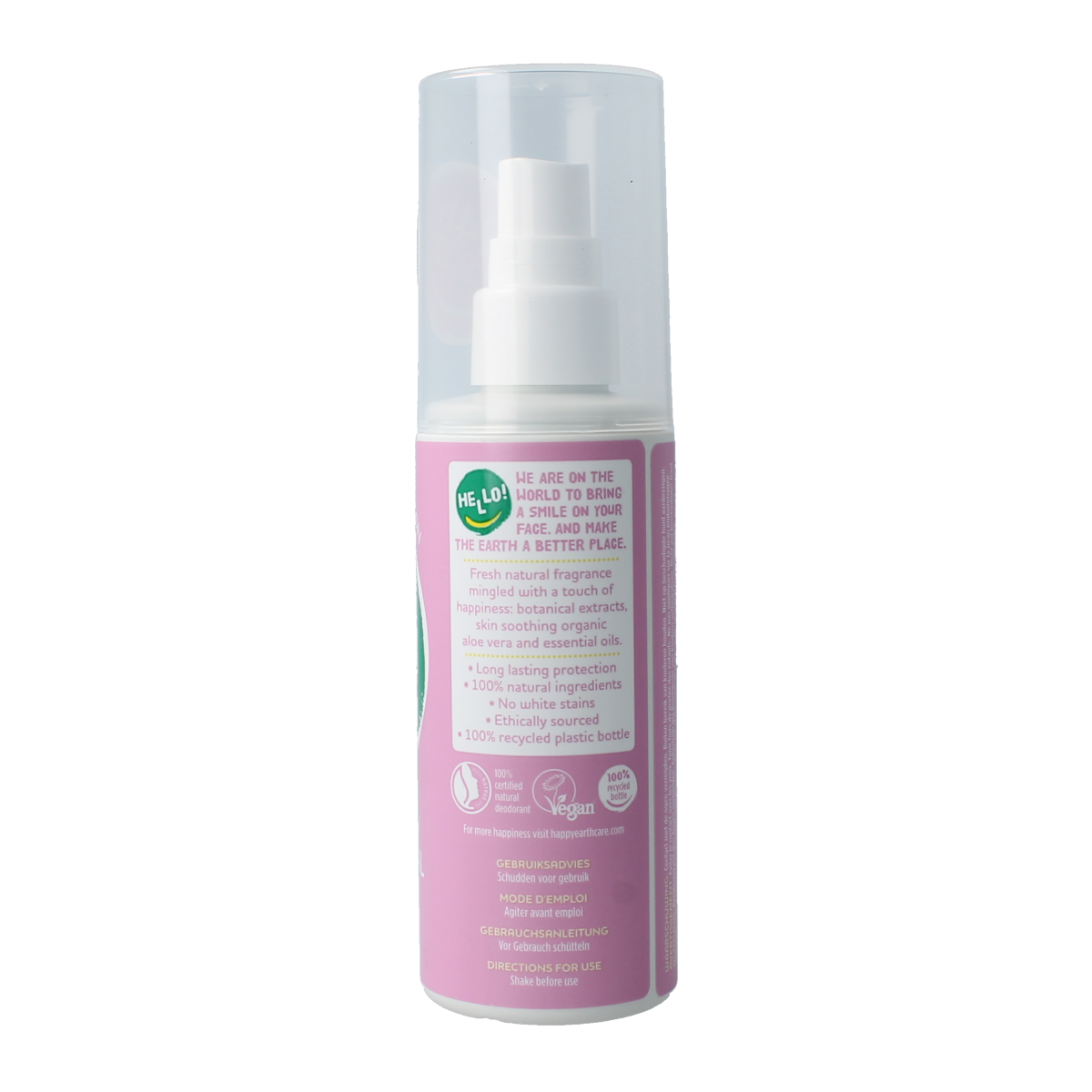 Happy Earth lavender ylang deodorant spray bottle, 100ml, with purple and white packaging, natural deodorant for freshness.