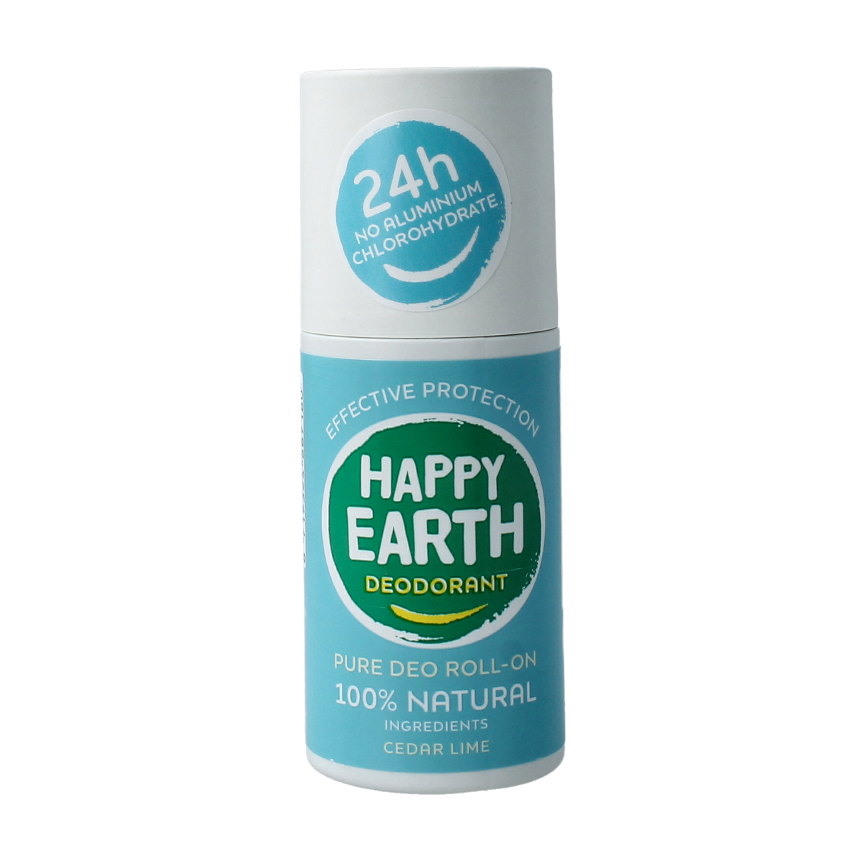 Happy Earth Pure cedar lime deodorant roll-on, 75ml, featuring a clear bottle with a natural scent and ergonomic design.