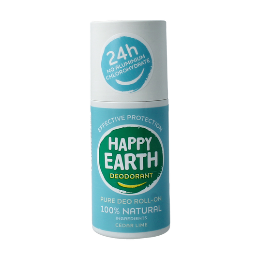 Happy Earth Pure cedar lime deodorant roll-on, 75ml, featuring a clear bottle with a natural scent and ergonomic design.