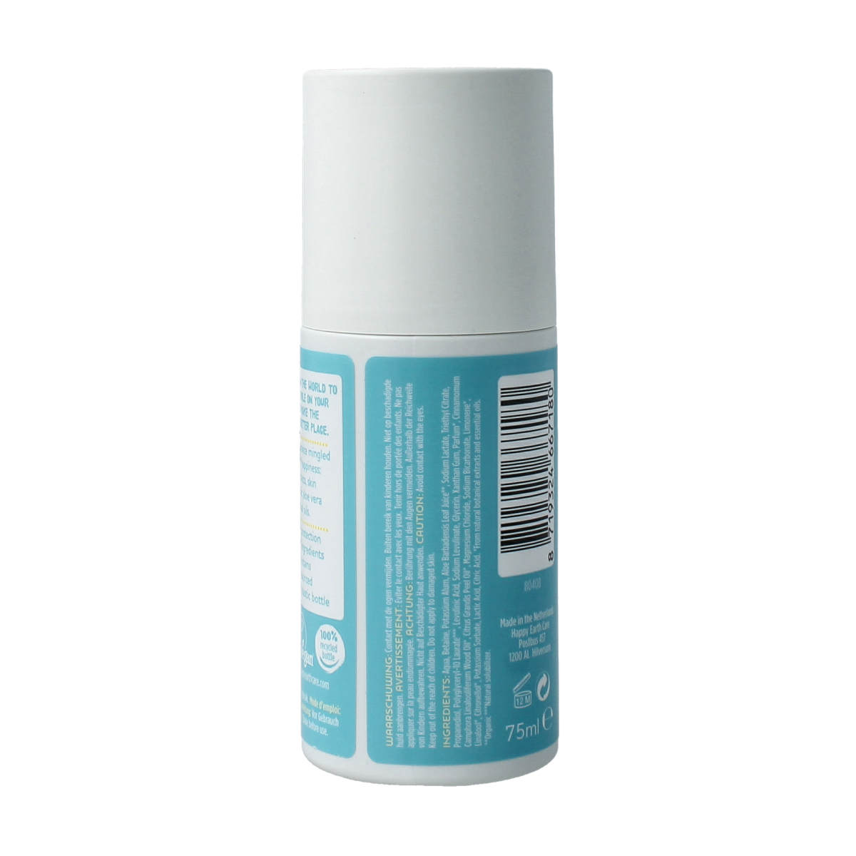 Happy Earth Pure cedar lime deodorant roll-on in a 75ml bottle, featuring natural ingredients and a refreshing scent.