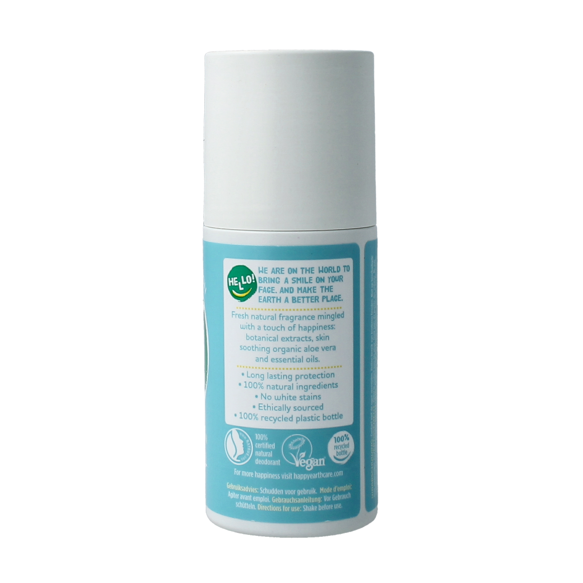 Happy Earth Pure cedar lime deodorant roll-on in 75ml bottle, fresh natural deodorant with cedar and lime scent.