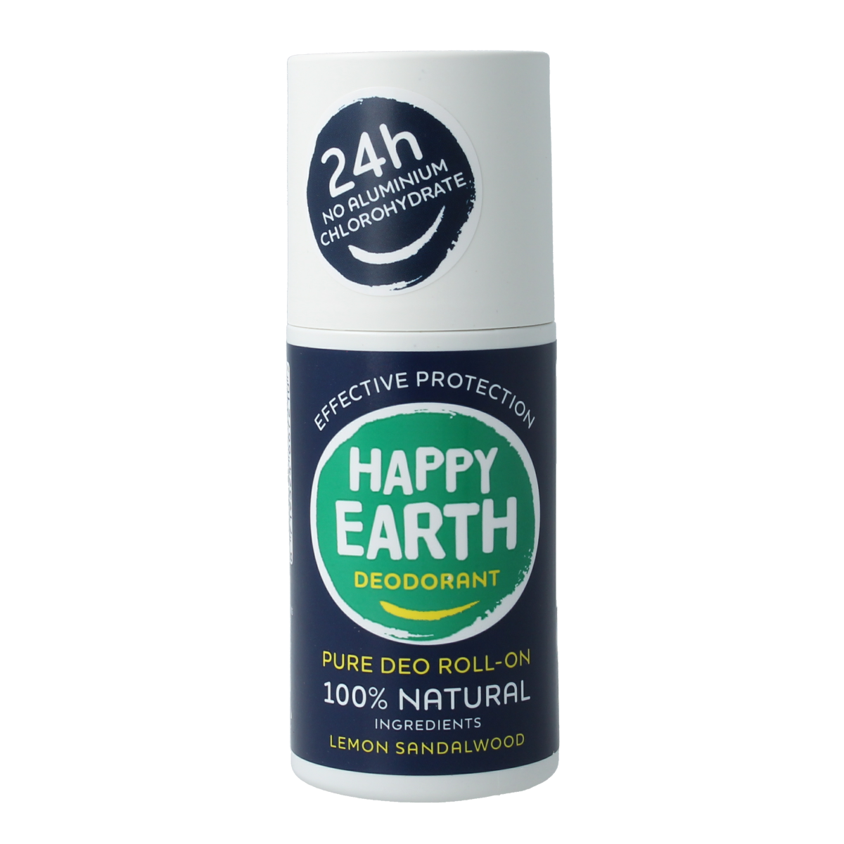 Happy Earth Pure men's deodorant roll-on in 75ml bottle, featuring natural ingredients and a clear, easy-to-use applicator.