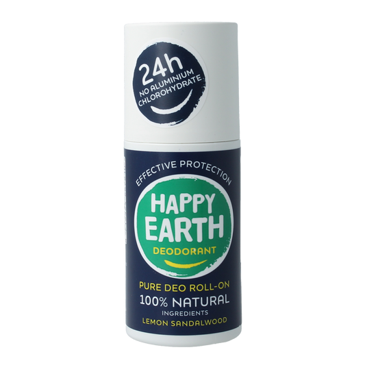 Happy Earth Pure men's deodorant roll-on in 75ml bottle, featuring natural ingredients and a clear, easy-to-use applicator.