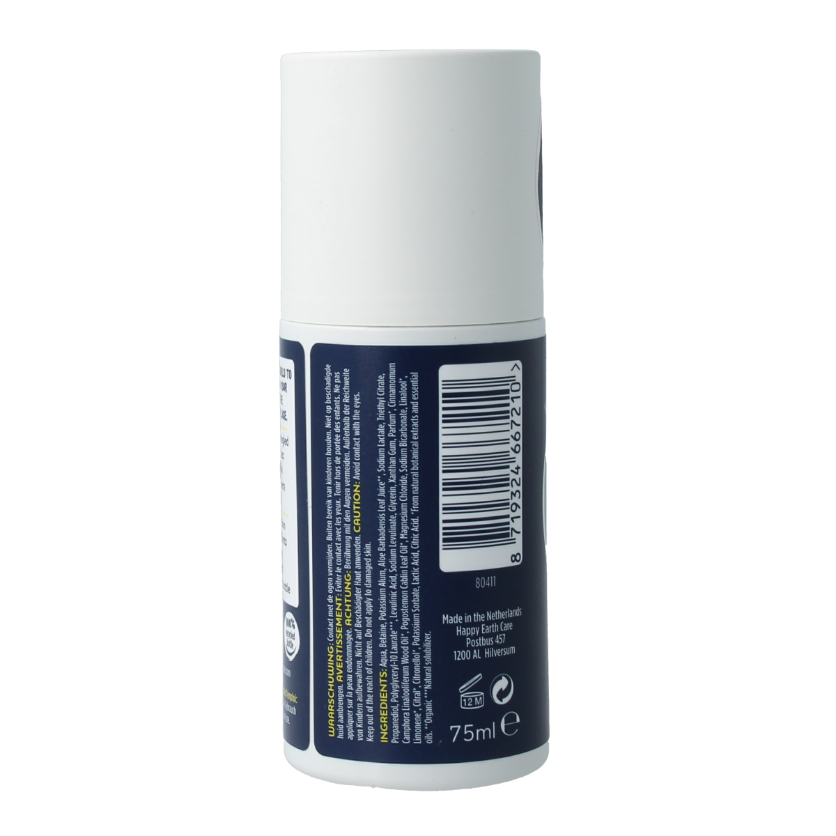 Happy Earth Pure men's deodorant roll-on in 75ml bottle, featuring a sleek design and natural ingredients for fresh protection.