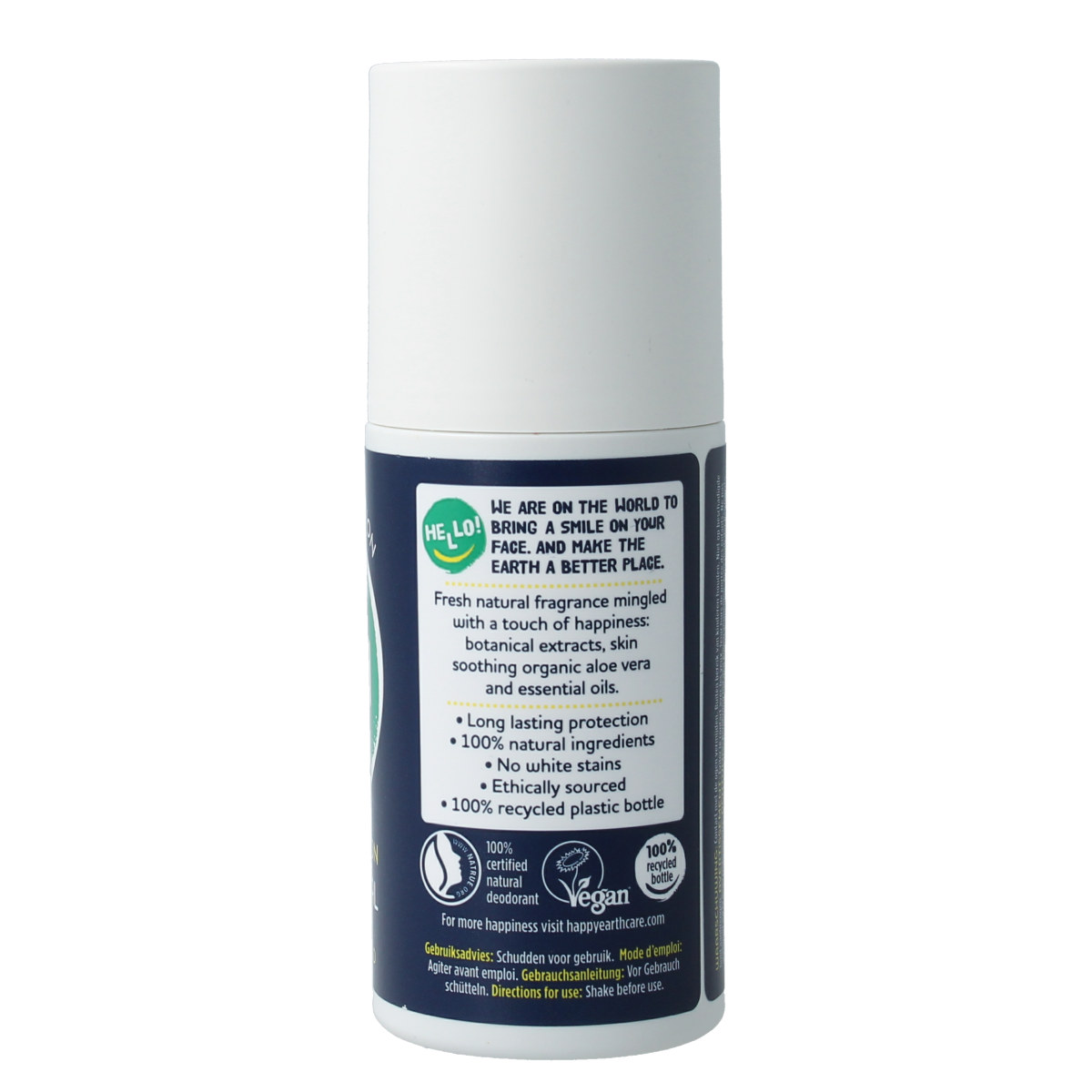 Happy Earth Pure men's deodorant roll-on bottle, 75ml, with sleek packaging and clear applicator visible.
