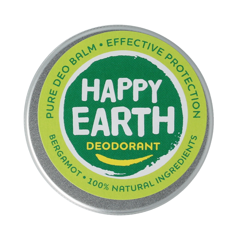 Happy Earth Pure deodorant balm in bergamot scent, 45 grams, with a close-up of the natural balm container and textured surface.