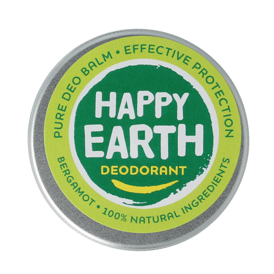 Happy Earth Pure deodorant balm in bergamot scent, 45 grams, with a close-up of the natural balm container and textured surface.