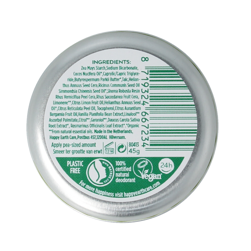 Happy Earth Pure bergamot deodorant balm in a 45g container, featuring natural ingredients and a refreshing citrus scent.
