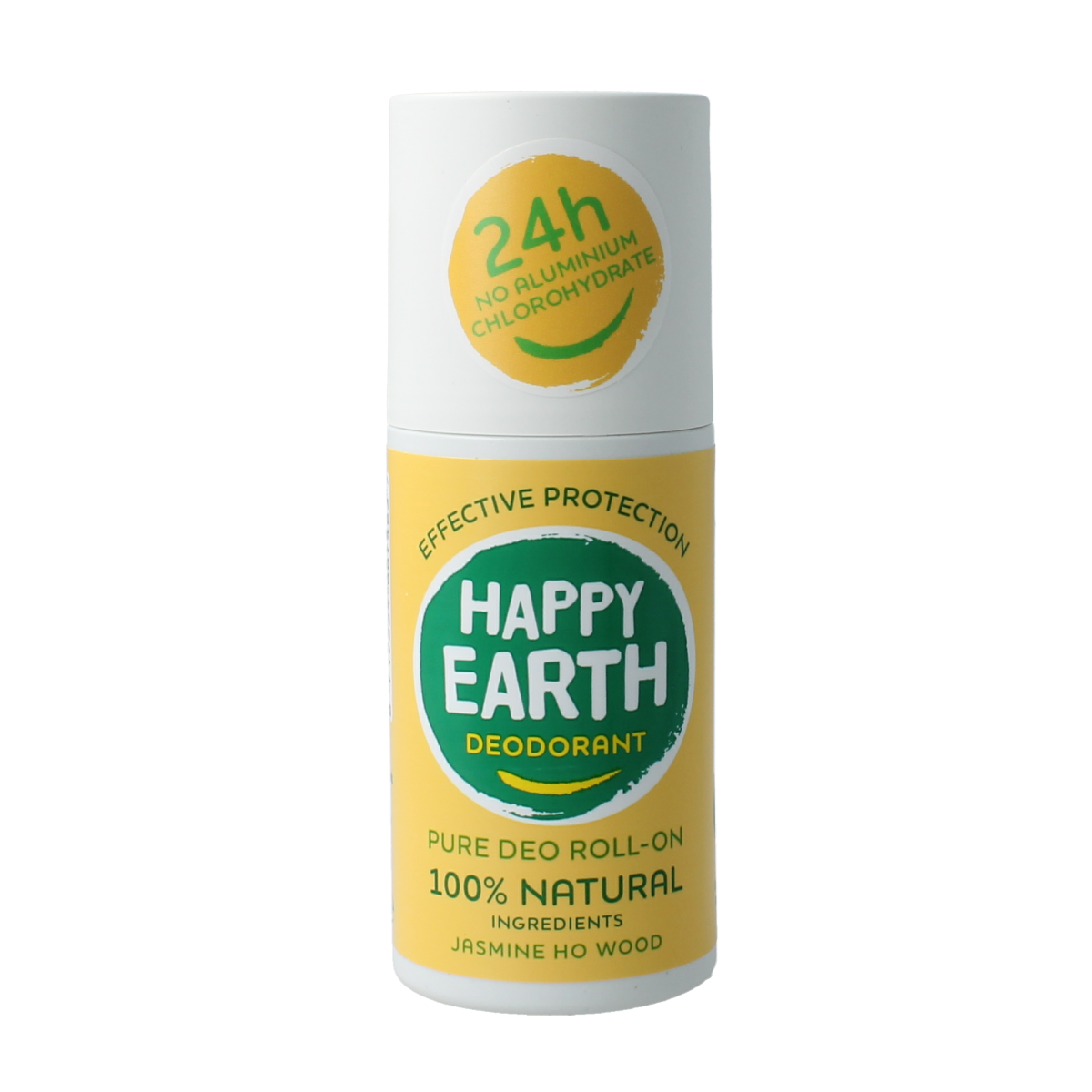 Happy Earth jasmine wood roll-on deodorant in a 75ml bottle with a sleek design, featuring a white cap and clear label.