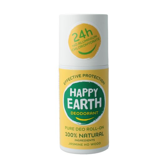 Happy Earth jasmine wood roll-on deodorant in a 75ml bottle with a sleek design, featuring a white cap and clear label.