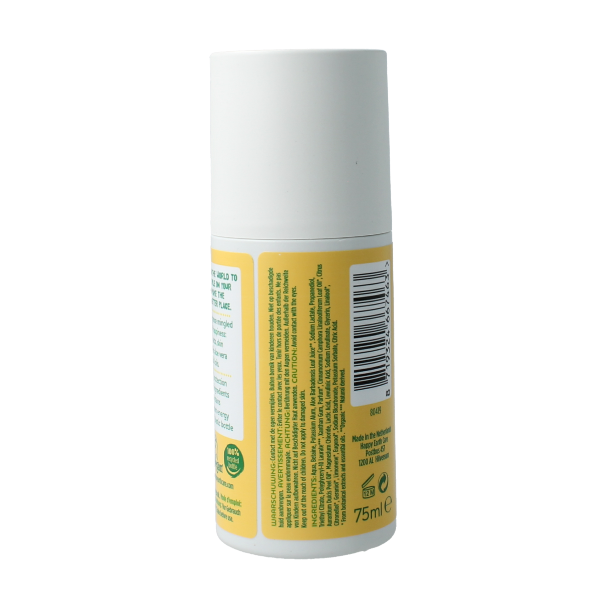 Happy Earth Jasmine Ho Wood deodorant roll-on bottle, 75ml, natural scent, eco-friendly personal care product.