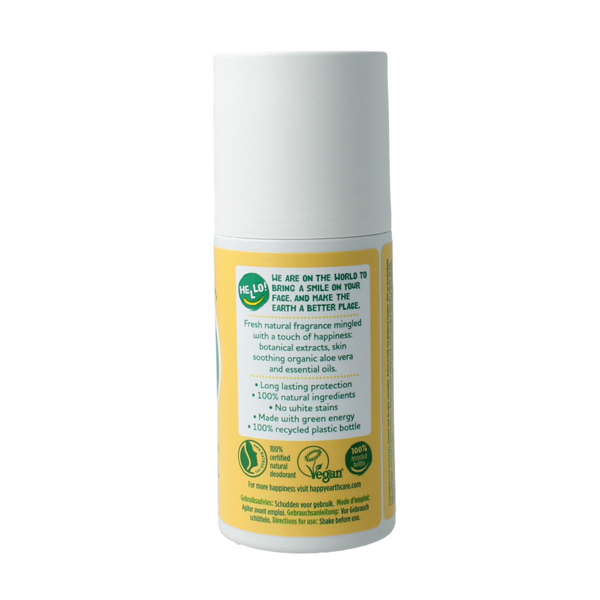Happy Earth jasmine wood roll-on deodorant bottle, 75ml, with a sleek design and natural floral scent.