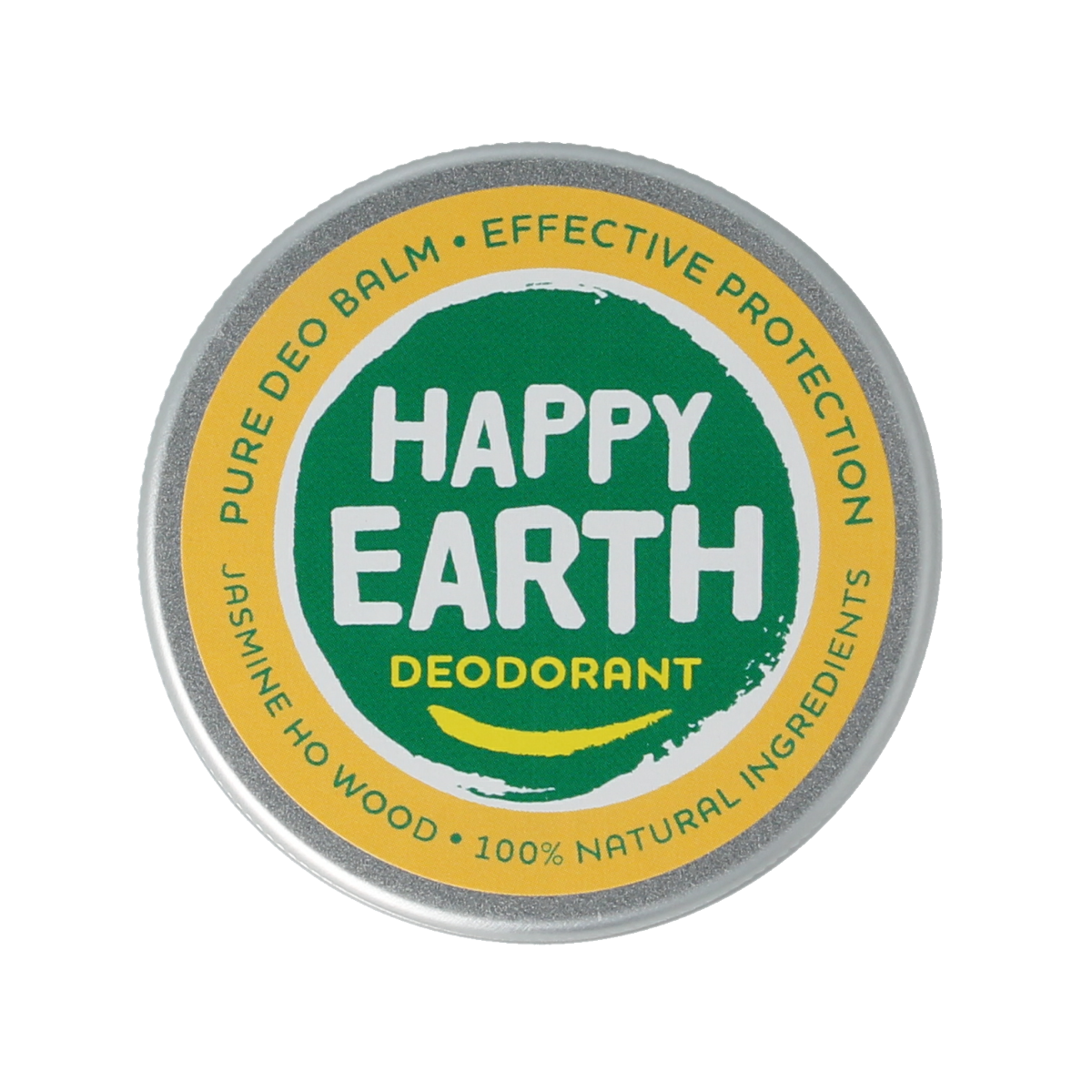 Happy Earth jasmine and ho wood deodorant balm in 45g tin, natural deodorant with floral and woody scent.