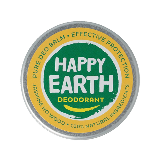 Happy Earth jasmine and ho wood deodorant balm in 45g tin, natural deodorant with floral and woody scent.