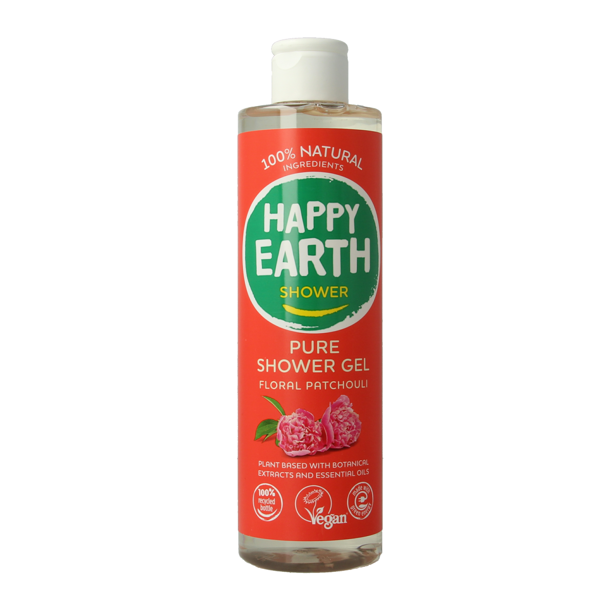 Happy Earth Pure floral patchouli shower gel in 300ml bottle, natural bad en douche with floral and earthy scent.