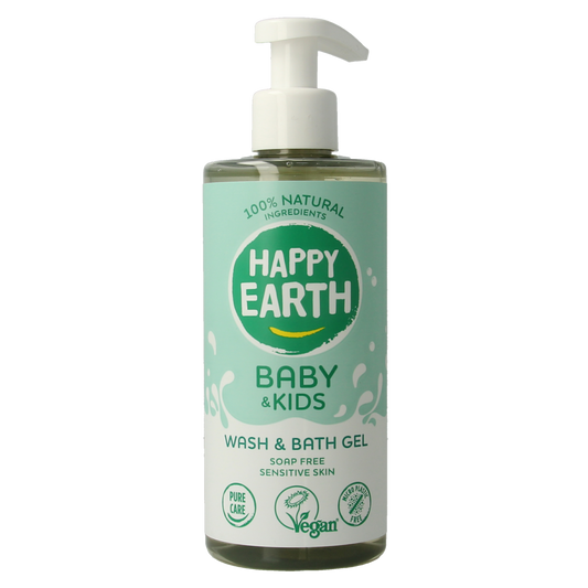 Happy Earth Was & Badgel Zeepvrij baby & kids 300ml bottle, gentle baby and toddler skincare product, natural and soap-free.