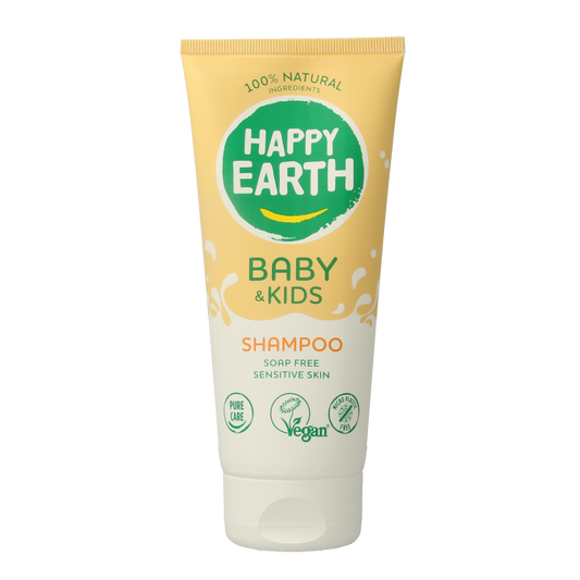 Happy Earth Baby & Kids Shampoo 200ml bottle, gentle formula for infants and toddlers, with a colorful label and eco-friendly packaging.
