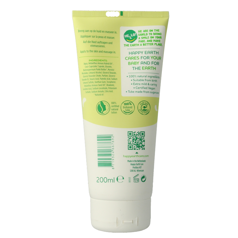 Happy Earth Baby & Kids Bodylotion 200ml bottle with soft, gentle formula for delicate skin of infants and toddlers