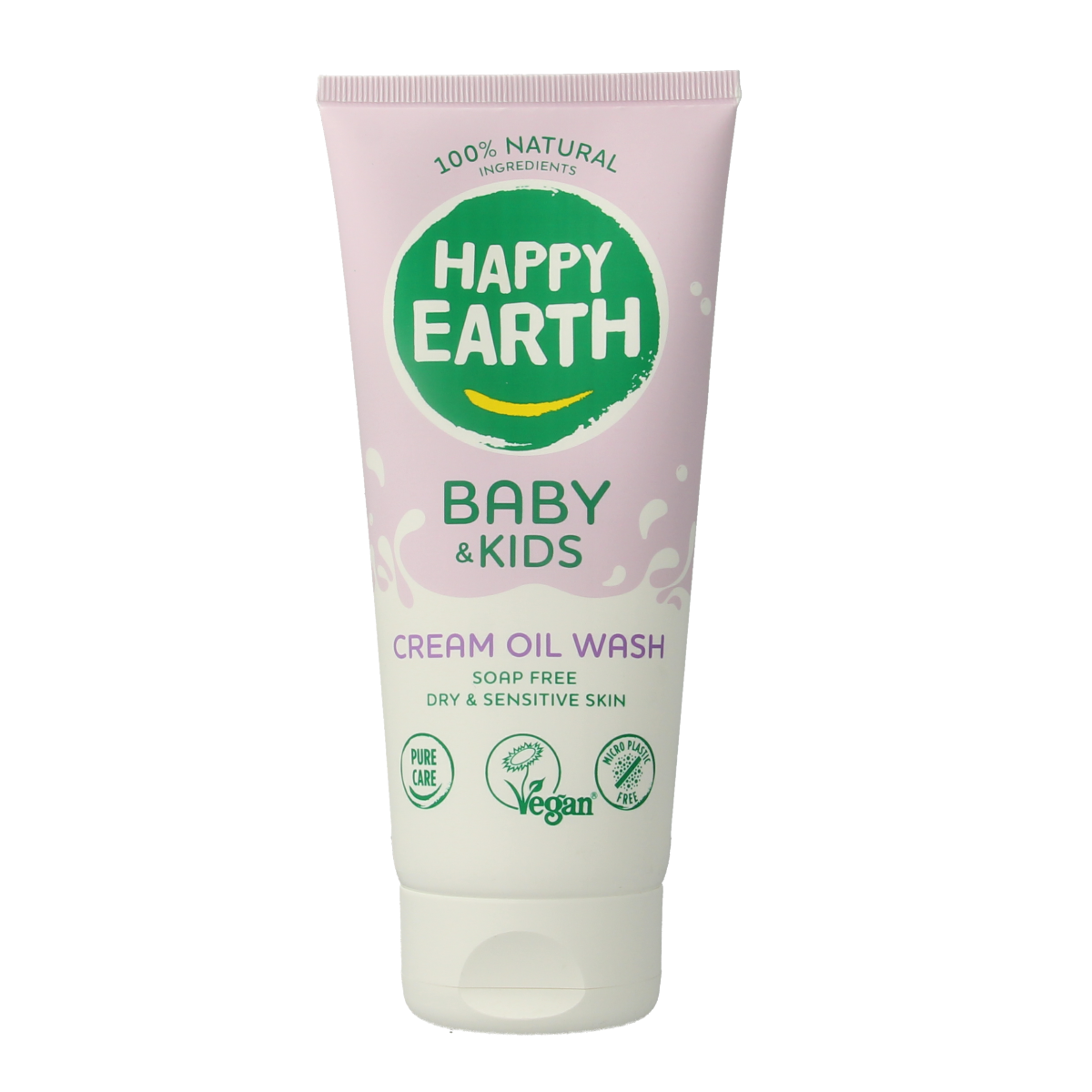 Happy Earth Wasgel Creme Olie for babies and kids, 200ml, in a clear bottle with a white cap, suitable for gentle skin care.