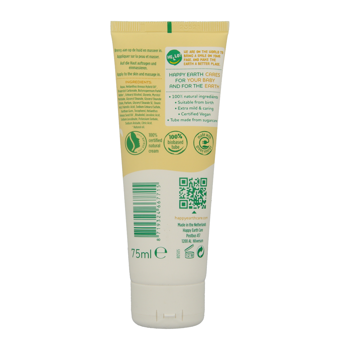 Happy Earth Baby and Kids Nourishing Cream in 75ml container, gentle skincare for infants and toddlers.