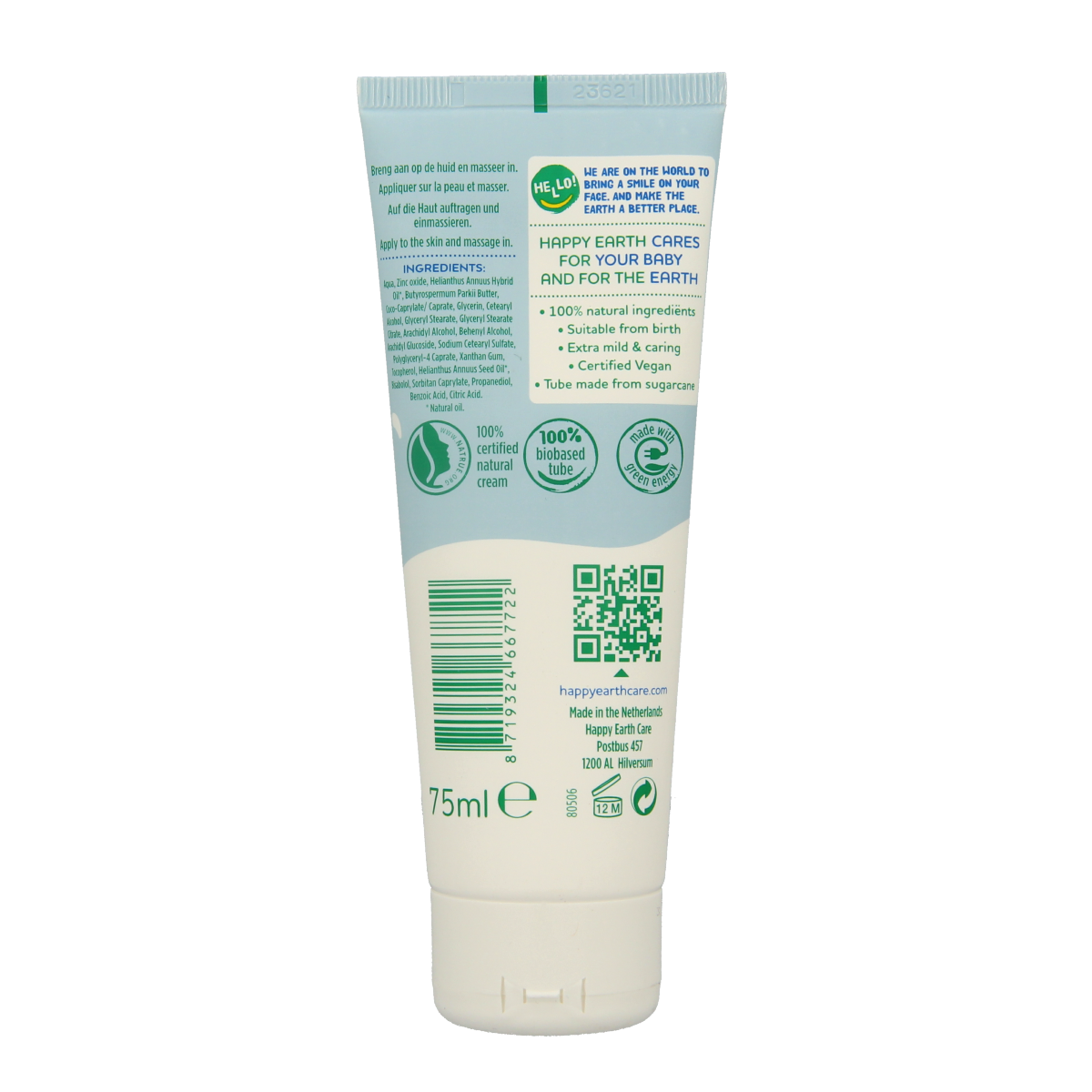 Happy Earth Baby and Kids Zinc Cream in 75ml container, gentle skincare for babies and toddlers, from Happy Earth.