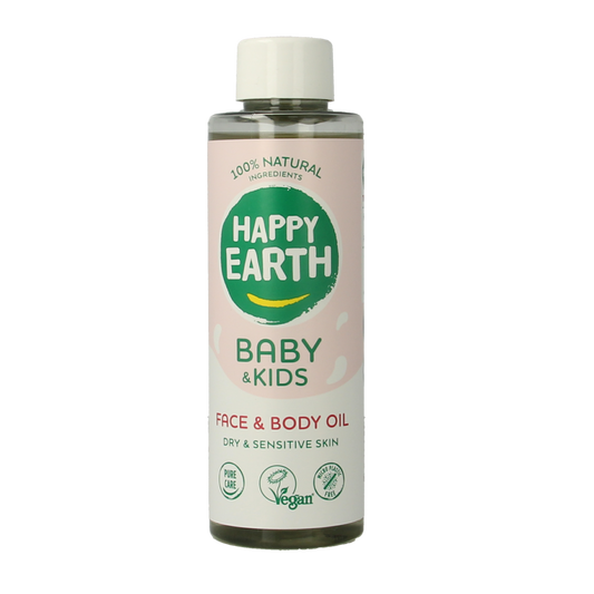 Happy Earth baby and kids face and body oil in a 150ml bottle, gentle skincare for delicate skin of babies and toddlers.