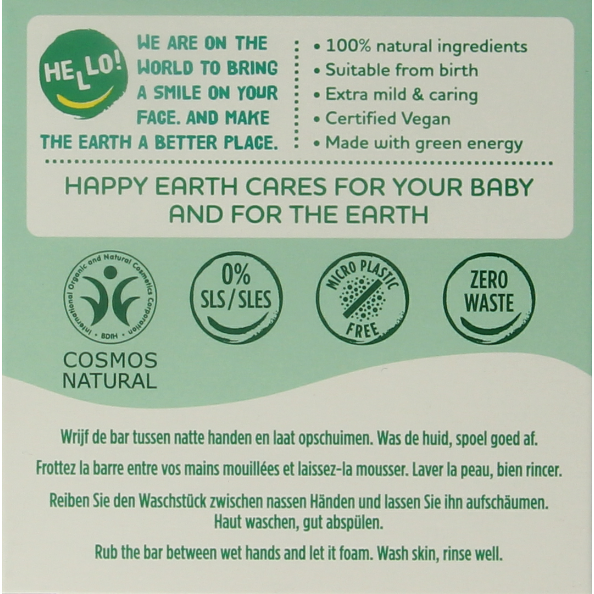 Happy Earth baby and toddler bath bar, 50g, with natural ingredients, shown in a simple package for gentle skin care.