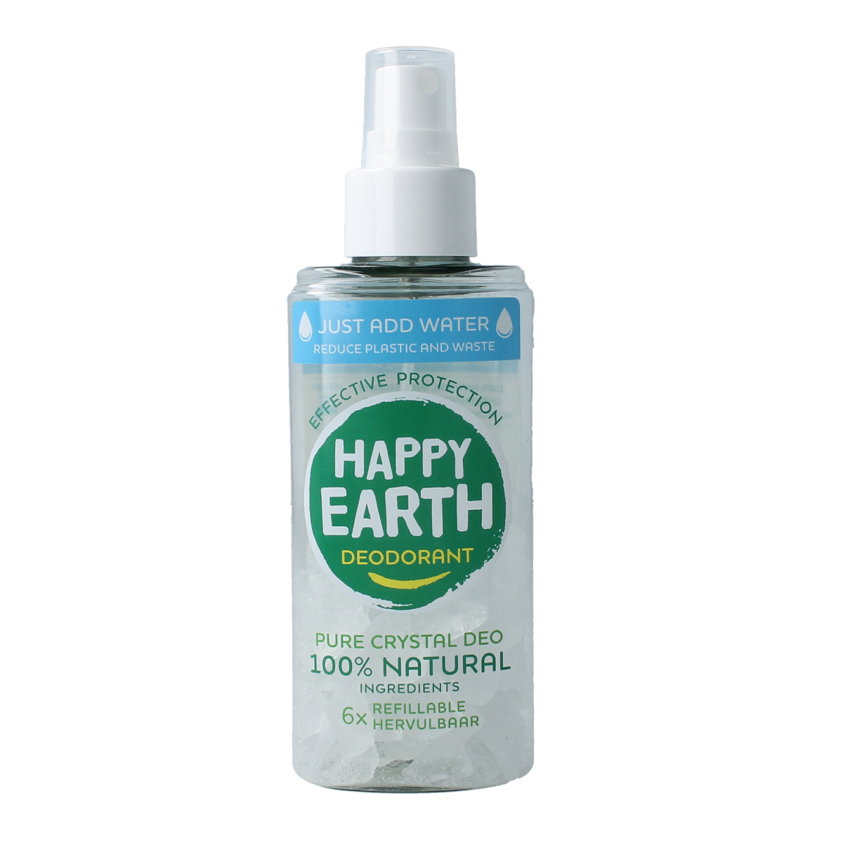 Happy Earth unscented spray for body care, 50g, natural and water-based, shown in a clear spray bottle.