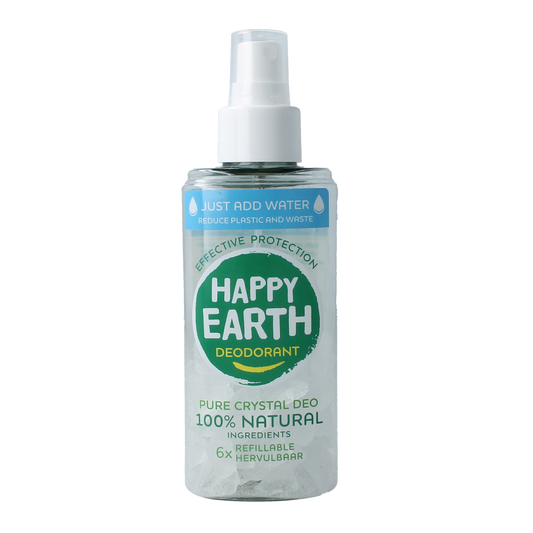 Happy Earth unscented spray for body care, 50g, natural and water-based, shown in a clear spray bottle.