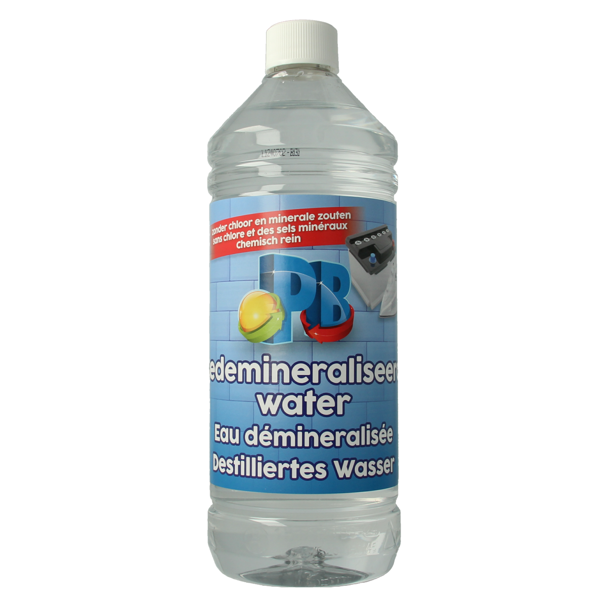 PB Gedemineraliseerd water 1000ml for cleaning, clear liquid in a container, used for maintenance and household cleaning products.