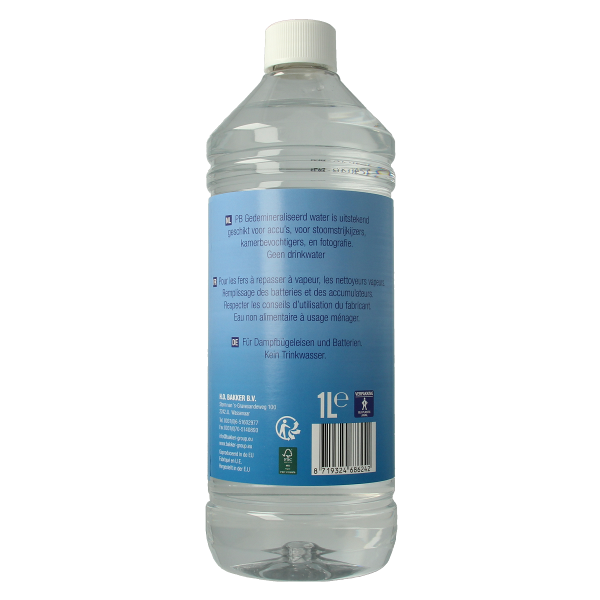 PB PB Gedemineraliseerd water 1000 ml for cleaning, clear liquid in a plastic bottle, suitable for various cleaning applications