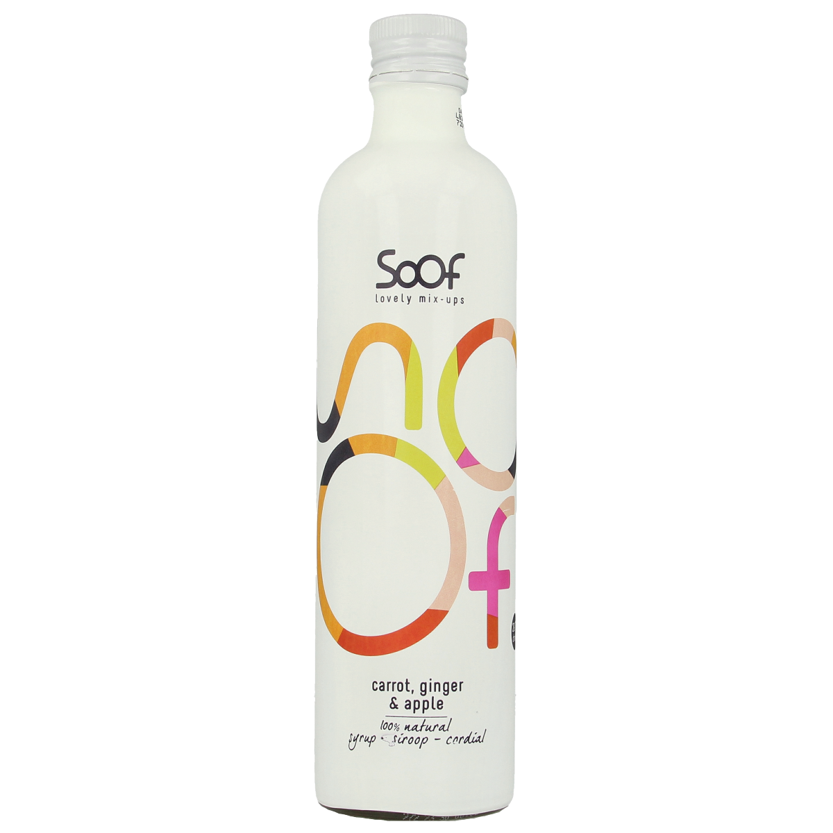 Soof Drinks carrot, ginger, and apple syrup in a 340ml bottle, featured in a colorful beverage image.