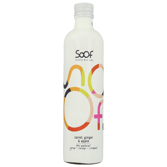 Soof Drinks carrot, ginger, and apple syrup in a 340ml bottle, featured in a colorful beverage image.