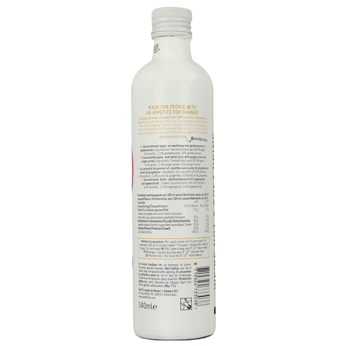 Soof Drinks carrot, ginger, and apple syrup in a 340ml bottle, natural drink and juice product with fresh ingredients.