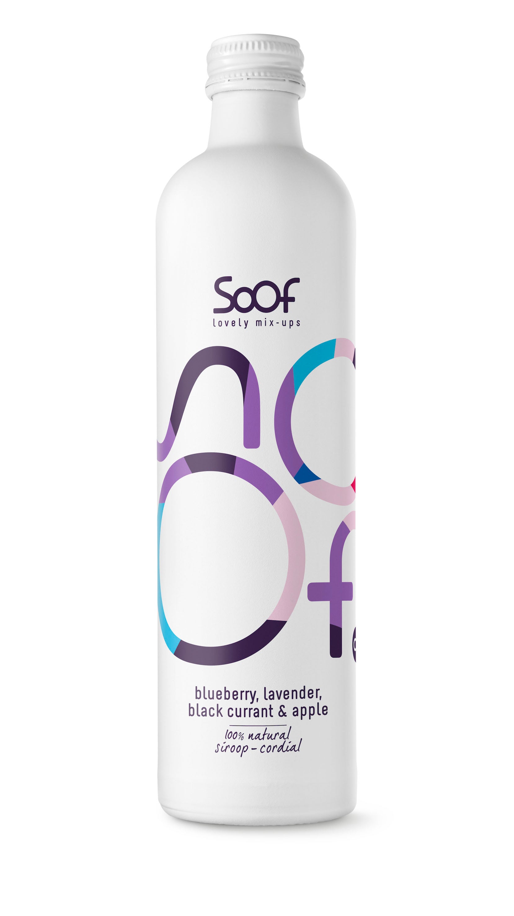 Soof Drinks blauwe bes lavendel zwarte bes en appel siroop in 340ml fles, fruitige en bloemige smaak voor dranken en sappen